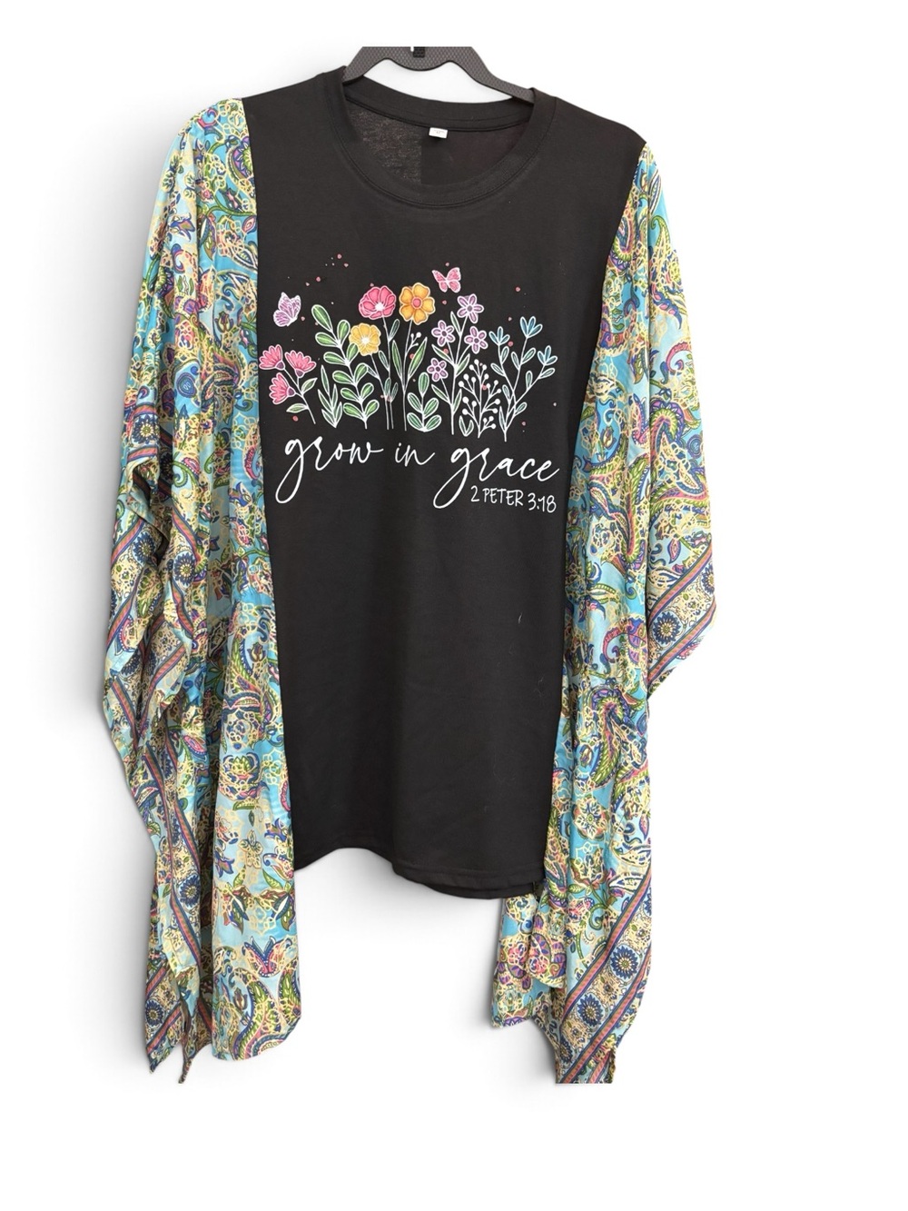 Grow in Grace Floral Graphic Women’s Top with Paisley Kimono Sleeves - Black